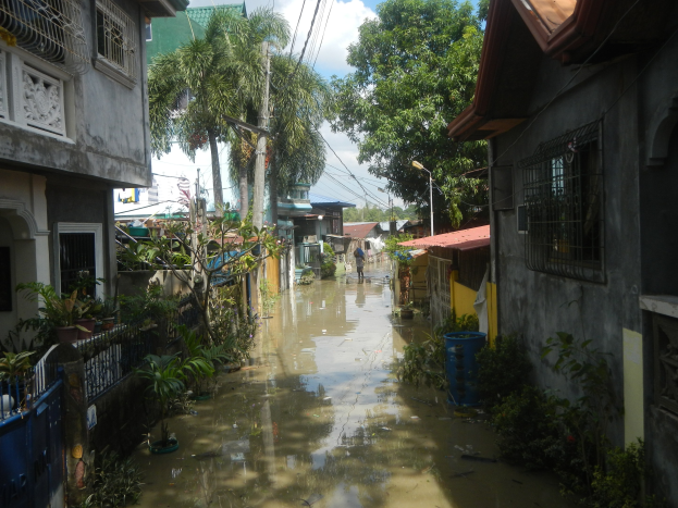 Überflutete Straße in den Philippinen mit Menschen, die an Gebäuden mit Fenstern, Geländern und Topfpflanzen, Bäumen, Strommasten mit Drähten und einem bewölkten Himmel vorbeigehen.