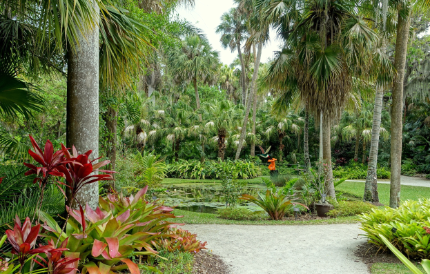 Ein gewundener Pfad durch einen üppigen tropischen Garten mit hohen Palmen, grünem Gras und bunten Pflanzen, vor einem klaren Himmel.