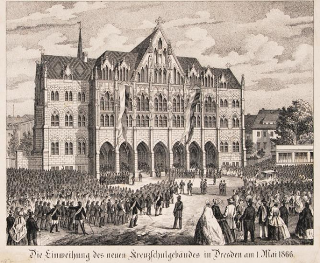 Crowd gathered outside a building with windows and trees, with text at the bottom reading "1866 - the einweihung des neuen Kreuzschulgebändes in Dresden".