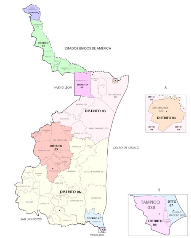 Politische Karte von Mexiko, die Provinzen, ihre Hauptstädte und Bezirke in verschiedenen Farben mit weißem Hintergrund zeigt.