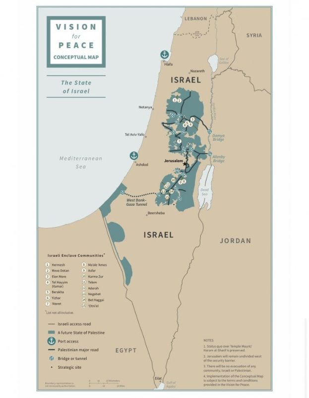 Plakat mit der Aufschrift "Vision für Frieden Konzeptkarte" mit einer farbcodierten Karte Israels in fetter schwarzer Schrift.