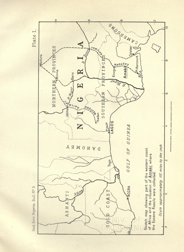 Ein altes Buch mit einer detaillierten Karte von Nigeria, die geografische Merkmale wie Flüsse, Berge und Städte zeigt, begleitet von Text mit zusätzlichen Informationen.
