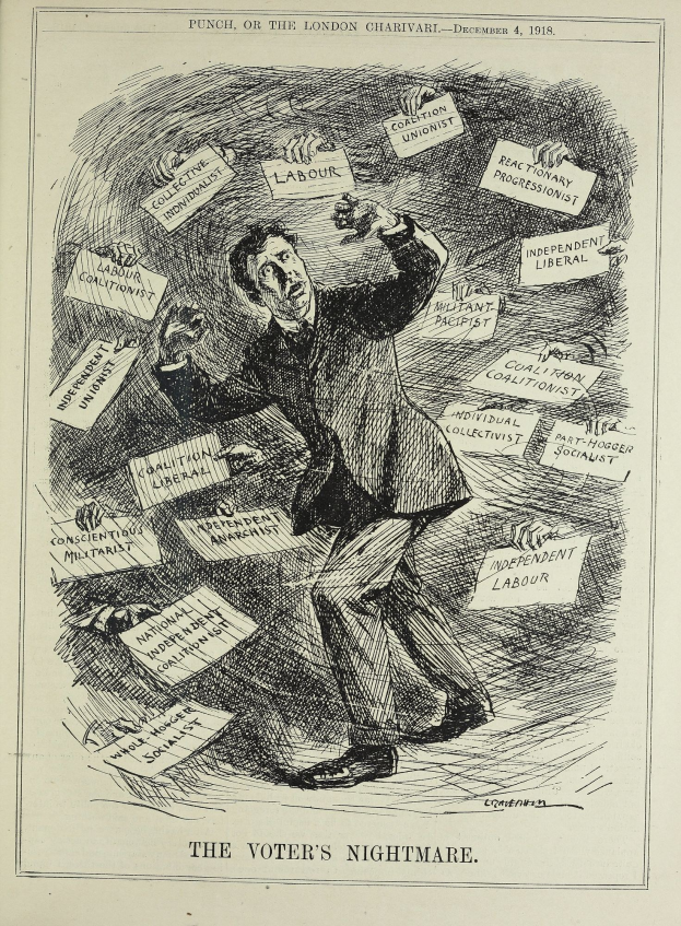 Ein Blatt Papier mit einer Zeichnung eines Mannes im Anzug, der ein Schild hält, auf dem "Der Albtraum des Wählers" steht, der Entschlossenheit mit fetter Schrift und selbstbewusster Haltung vermittelt.