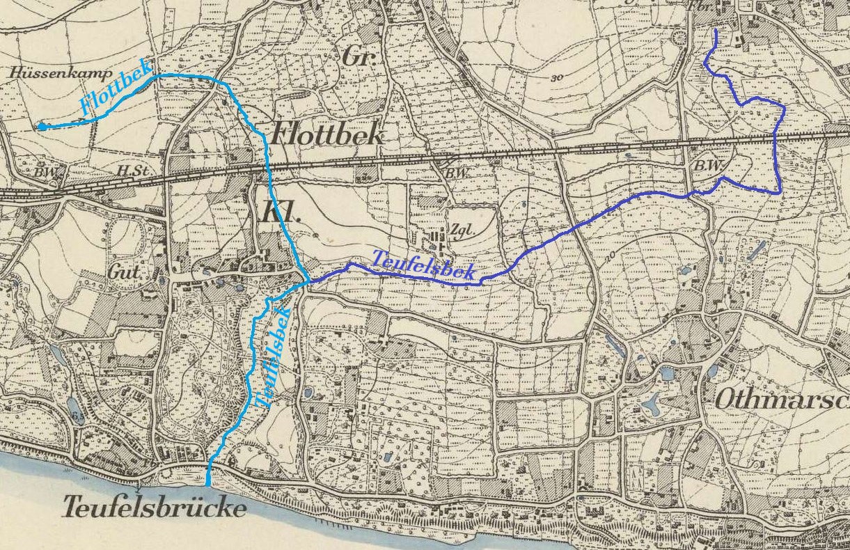Detailed old map of Teufelsbrucke with a blue line running through it, showing streets, buildings, and landmarks.