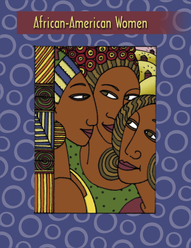 Ein Plakat mit drei afrikanischen Frauen in traditioneller Kleidung, die Arme umeinander gelegt, unter der Überschrift "Afrikanische Frauen", mit leuchtenden Farben, um die Vielfalt Afrikas darzustellen.