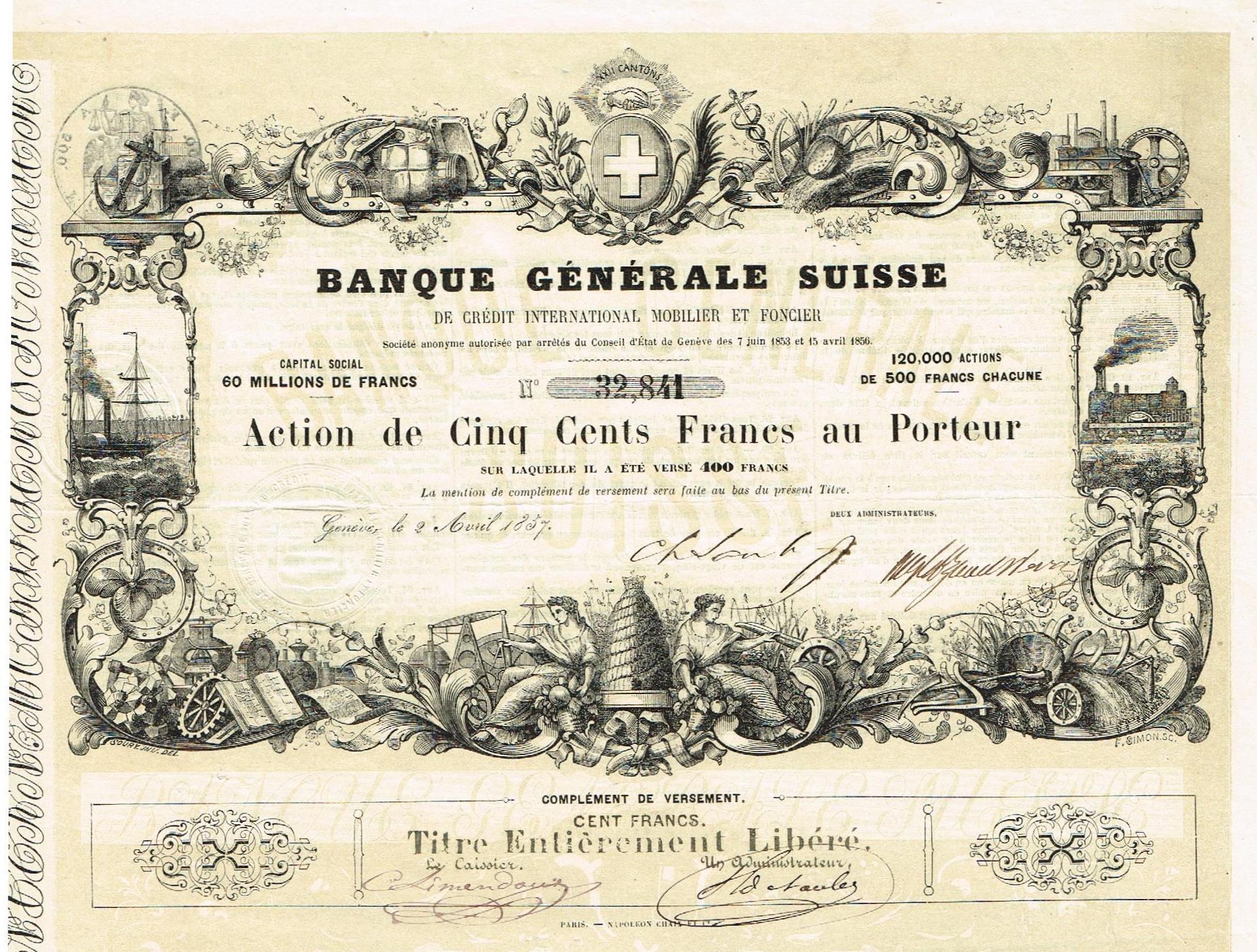 Alte Schweizer Banknote mit einem Mann in Anzug und Krawatte mit ernstem Gesichtsausdruck, Text 'Banque Generale Suisse', Wasserzeichen links und hellblauem Hintergrund.