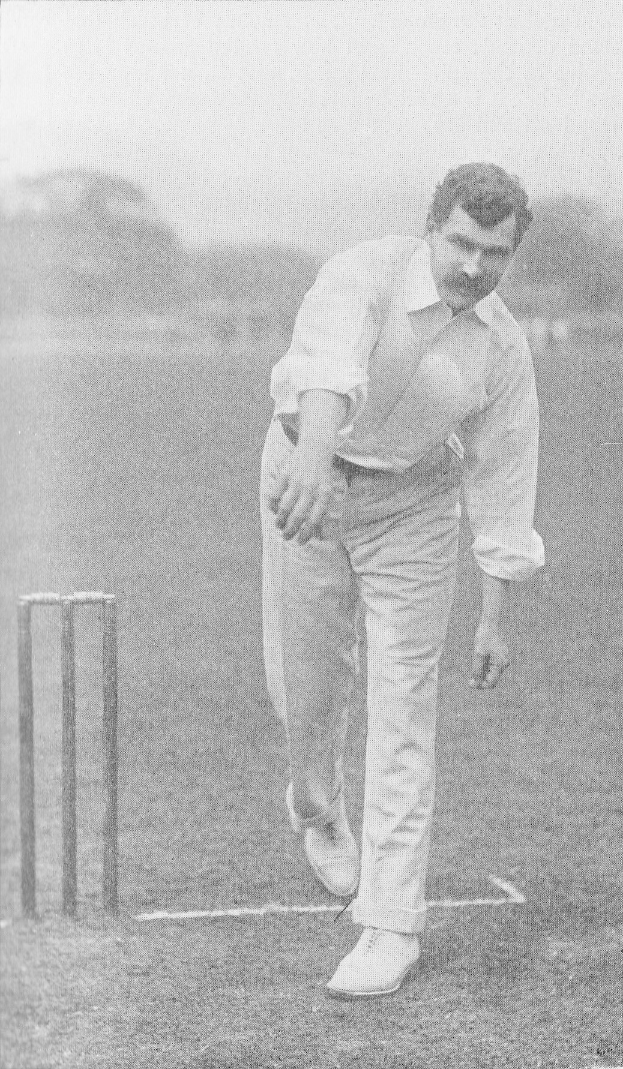 Ein Mann in weißem Hemd und Hose spielt Cricket mit Wickets auf dem Boden, Bäumen und Himmel im Hintergrund und dem Text 'Cricket Player of the Year' unten.