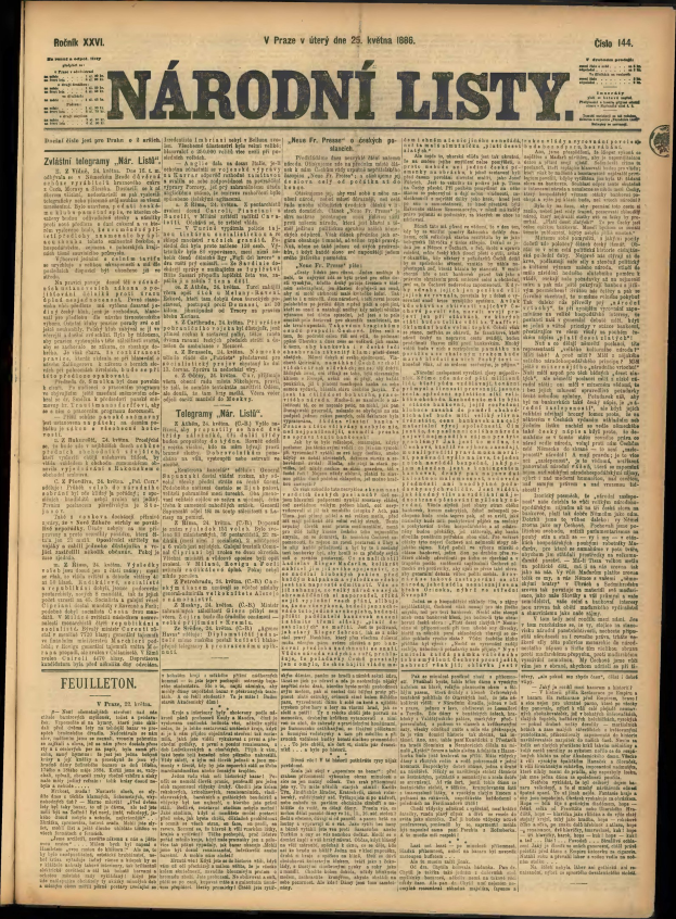 Alte Zeitung mit der Überschrift 'Národni Listy' auf dunklem Hintergrund.