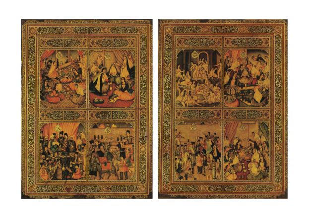 Zwei gerahmte indische Miniaturmalereien aus dem 19. Jahrhundert, die eine Hochzeitsszene zeigen, auf einem weißen Hintergrund.