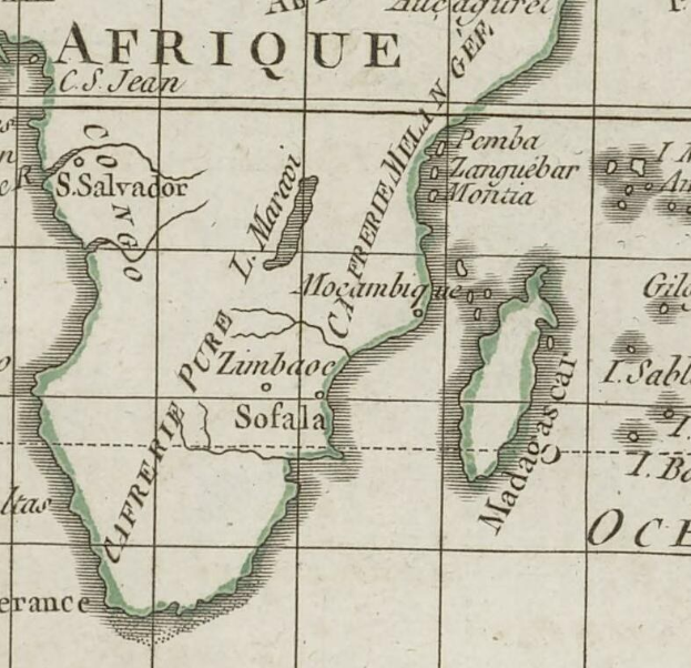 Ein verblichener, alter Afrika-Karte mit farblich hervorgehobenen südafrikanischen Provinzen, versehen mit handgeschriebener Text auf dem Papier.