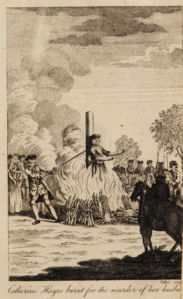 Historische Abbildung von Catherine Hayes, die für die Ermordung ihres Mannes verbrannt wird, mit einem Mann auf einem Pferd im Vordergrund und einer Menge, die sich um ihn versammelt hat, vor einem Hintergrund aus Bäumen und Wolken, mit Text am unteren Rand.