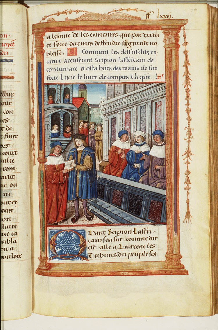 An open illuminated medieval manuscript page with vibrant colors, intricate text in varied fonts, and detailed illustrations of people and buildings.
