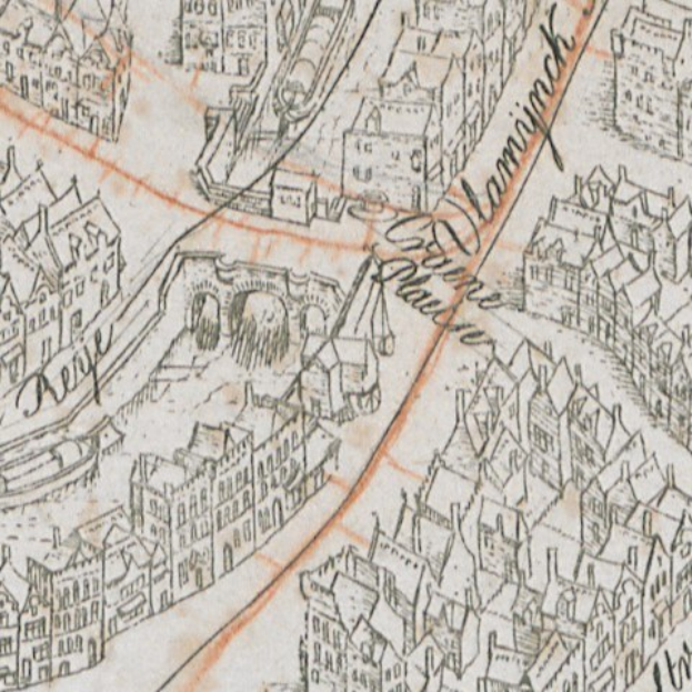 Detailiertes altes Stadtplanbild mit zahlreichen Gebäuden, einer Brücke und Text, das Straßen, Sehenswürdigkeiten und zusätzliche Informationen zeigt.