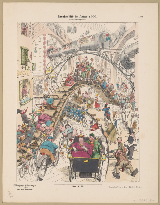 An old book with a drawing of distressed people in a 1900-era train station, framed by a photo border.