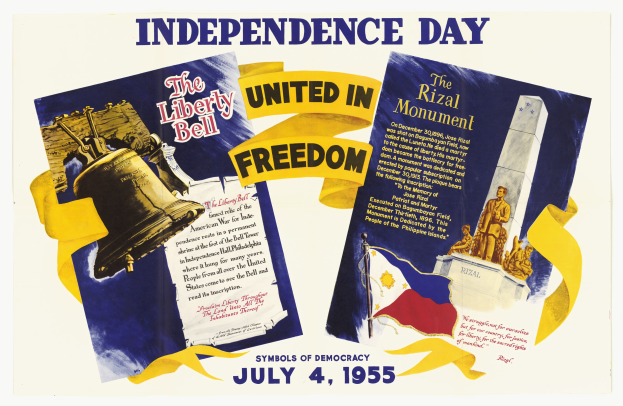 Unabhängigkeitstag-Plakat mit dem Titel 'Einheit in Freiheit' zeigt die Freiheitsglocke, eine Statue und eine Flagge auf einem gelben Hintergrund mit blauem Rand und fetter schwarzer Schrift.