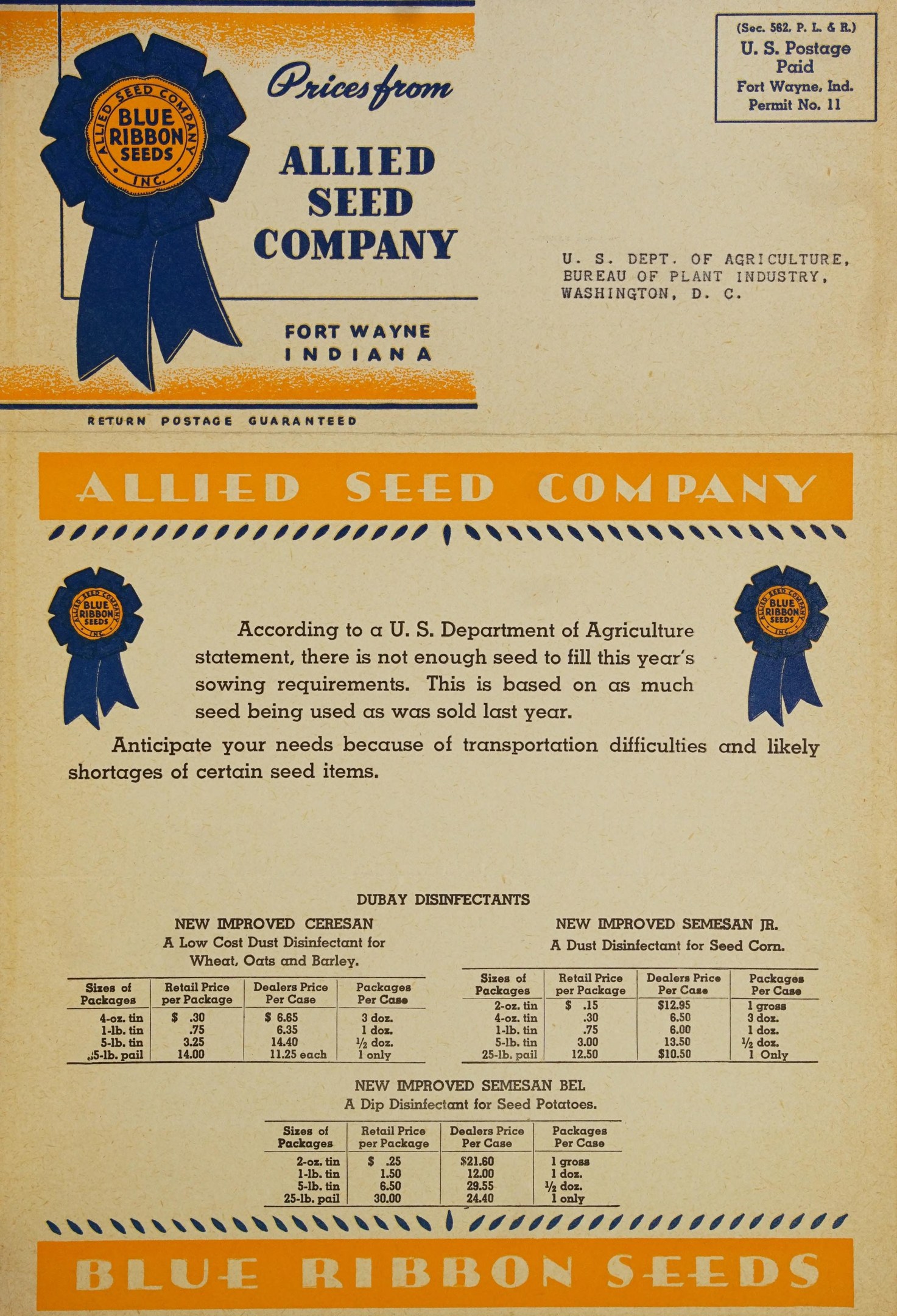 Advertisement for Allied Seed Company featuring a blue ribbon and text describing its products and services.
