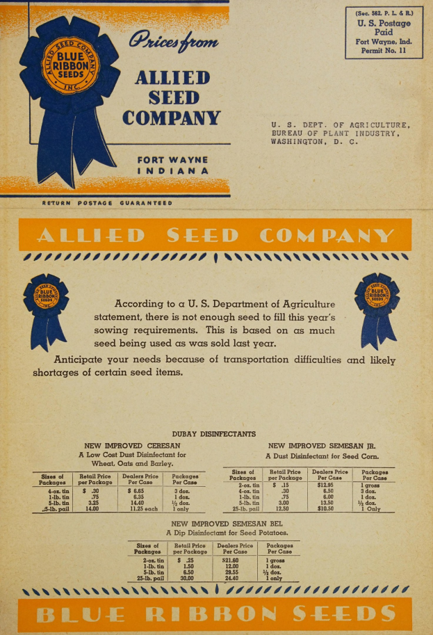 Advertisement for Allied Seed Company featuring a blue ribbon and text describing its products and services.
