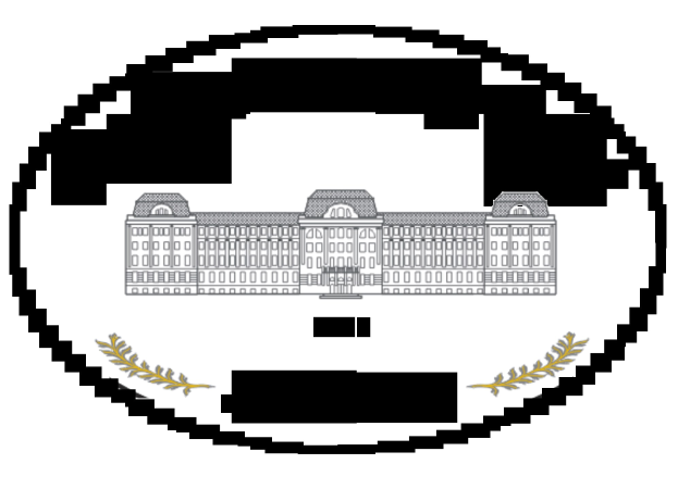 Logo of the University of Medicine featuring a two-story building with white walls, a red roof, and bold black text on its facade, enclosed in a thin black border.