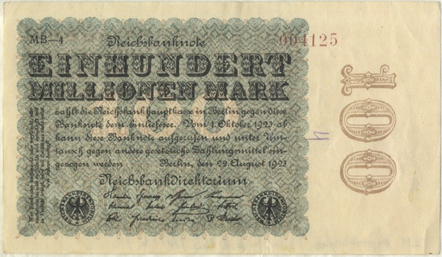 A 1923 German banknote with "Einhundert Millionen Mark" printed on it.
