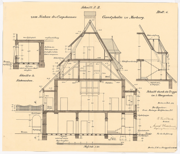 Ein detailliertes architektonisches Zeichnung eines Hauses mit zahlreichen Fenstern und einem Dach, das als erstes Haus in Deutschland gilt, begleitet von Text und Baupl├Ąnen auf Papier.