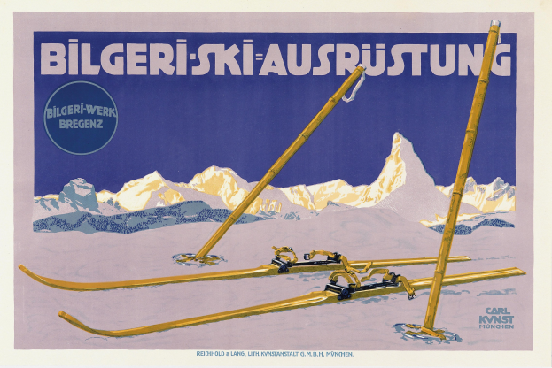 Plakat wirbt für ein Skigebiet in den Schweizer Alpen, zeigt Ski im Vordergrund und schneebedeckte Berge im Hintergrund, mit Text zu Resortdetails.