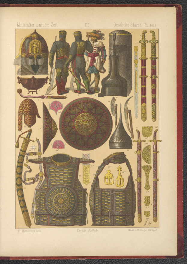 Ein Buch mit mittelalterlichen Waffen und Rüstungen, darunter ein Helm, ein Schwert und ein Schild, flach hingelegt, wobei die Gegenstände wie für den Kampf vorbereitet angeordnet sind.