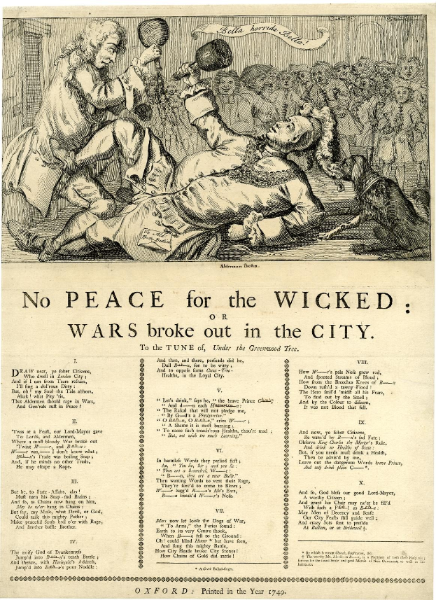 Eine aufgewühlte Gruppe von Menschen und ein Hund auf einem Blatt Papier mit der Aufschrift "Kein Frieden für die Gottlosen, Kriege brachen in der Stadt aus", vor einem dunklen Hintergrund.