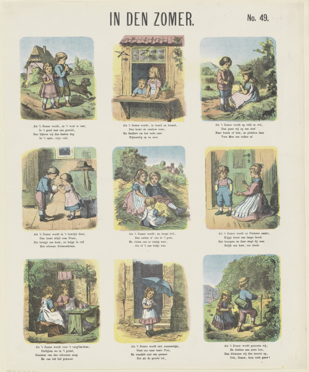 Ein Blatt mit Kindern, die in einem üppigen, grünen Garten spielen, bunte Kleidung tragen und fröhlich sind, mit verspieltem Text.