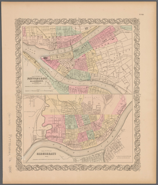 Detailierte Karte von Pittsburgh, Pennsylvania, aus dem Jahr 1855 mit Textbeschriftungen, die das Stadtlayout und die Merkmale zeigen.