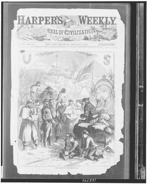 Schwarzes und weißes Bild von Menschen, die sich um eine Zeitung mit der Überschrift "Harper's Weekly Journal of Civilization" versammelt haben