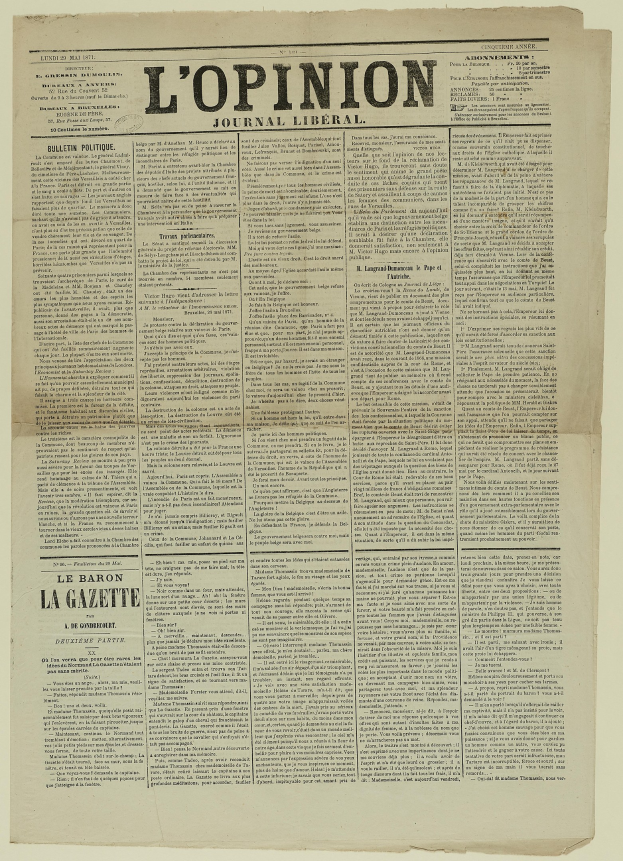 Alte Zeitung mit der Überschrift 'L'opinion' auf vergilbten Seiten und schwarzer Tinte, die Überschrift ist prominent dargestellt.