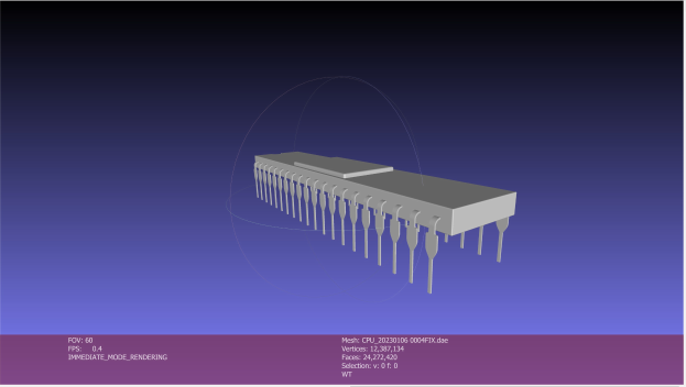 3D-Modell eines Halbleiterchips in der Mitte eines Computerbildschirms mit Text unten.