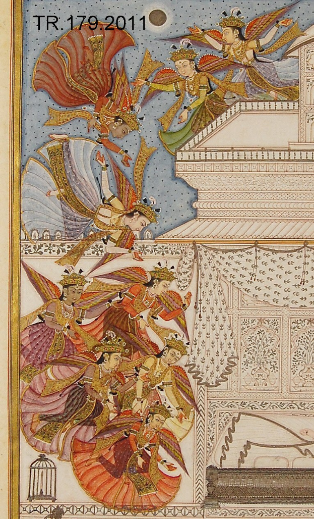Gemälde, das Krishna und Radha beim Tanzen vor einem Gebäude zeigt, mit einem Vogelfang im Vordergrund und Text und Zahlen oben.