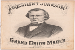 Ein Plakat mit einem Porträt von Präsident Johnson in der Mitte, mit Text, der wahrscheinlich das Großunion-Marsch-Ereignis beschreibt.