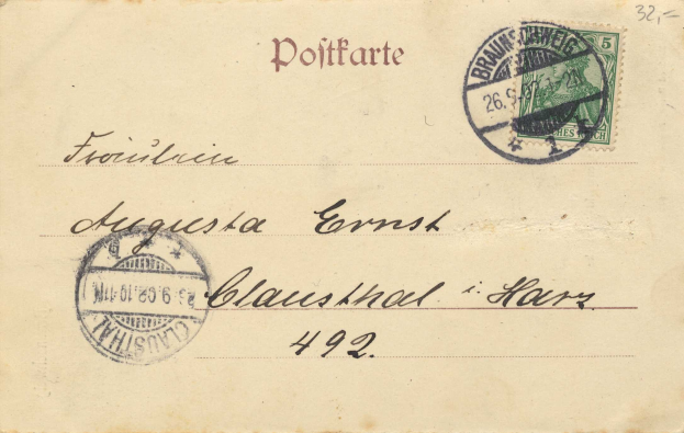 Alter Umschlag mit österreichischer Marke (5c) von Österreich nach Deutschland, mit handschriftlicher Adresse und zusätzlichem Text/Marken.