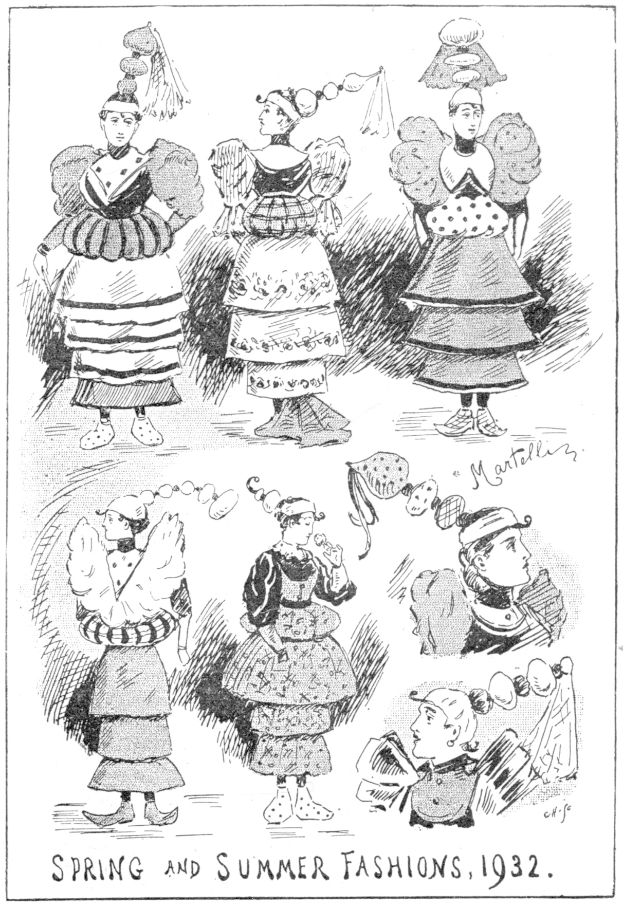 Mode-Illustration von Frauen in 1932er Frühlings- und Sommerkleidern mit beschreibendem Text auf dem Papier.