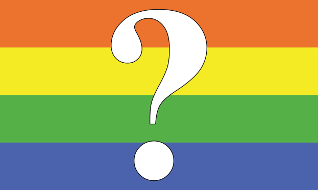 Regenbogenflagge mit einem weißen Fragezeichen in der Mitte, das die LGBT-Gemeinde symbolisiert, mit roten, orangen, gelben, grünen, blauen und violetten Streifen.
