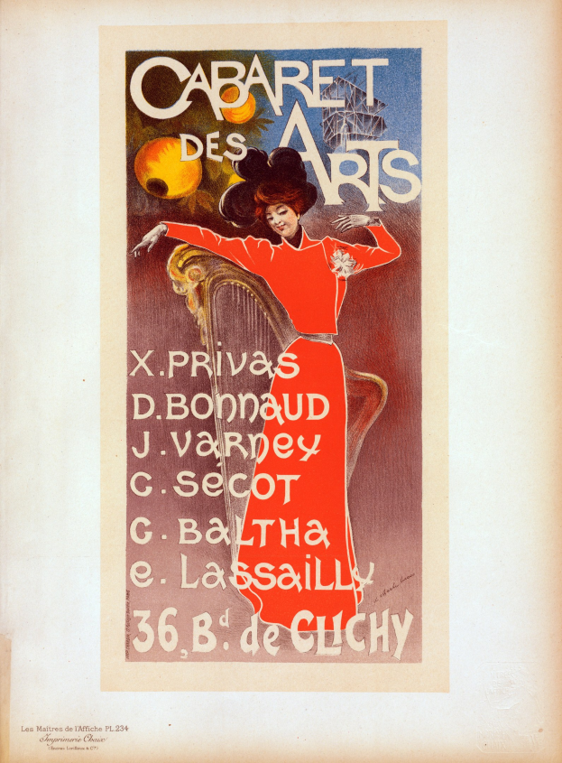 Ein gerahmtes Plakat für das Cabaret des Arts in Paris, das eine Frau in einem roten Kleid zeigt.