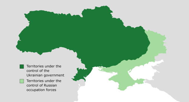 Eine Karte von Ukraine mit in Grün hervorgehobenen Provinzen, begleitet von Text auf der linken Seite, der Details über die Territorien unter der Kontrolle der ukrainischen Regierung enthält.