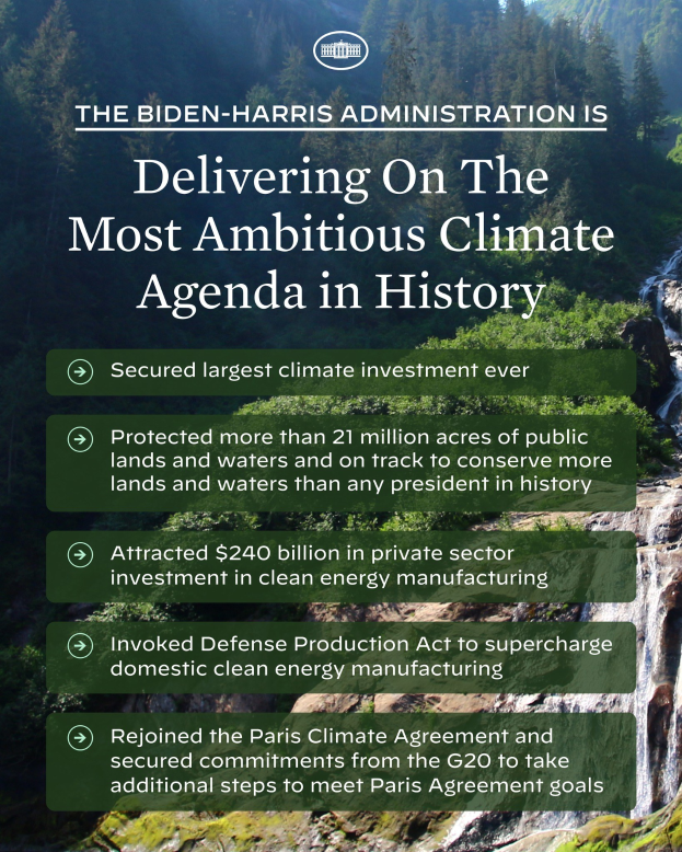 Poster with text "The Biden-Harris Administration is delivering on the most ambitious climate agenda in history" against a backdrop of a waterfall, rocky cliff, green trees, and blue sky.