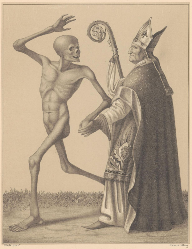 Ein Priester in Gewändern steht neben einem Skelett, das einen Stab hält, mit Gras darunter und Text, der unten 'Der Tod des Papstes' liest.