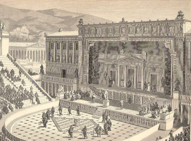 Gravur eines gro├čen Geb├Ąudes mit einem Schachbrett davor, umgeben von Menschen, Treppen, B├Ąumen und Bergen, mit der Beschriftung "Athens, Greece, the Roman Empire" unten.
