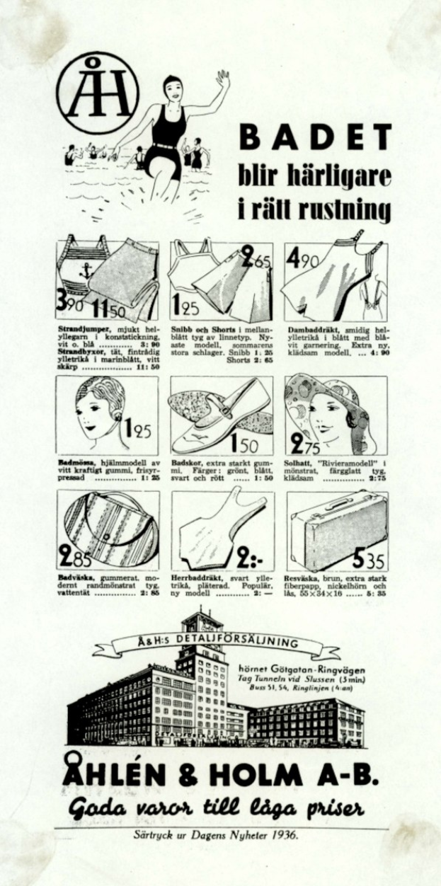 Anzeige mit einer Frau in einem weißen Bikini mit blauen und weißen Streifen, die einen Pferdeschwanz trägt und mit ihrem Gesicht in der Mitte und direktem Blick in die Kamera.