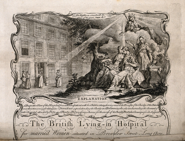 Eine Zeichnung eines alten Buchumschlags mit einer Gruppe von Menschen vor einem Gebäude mit Bäumen und Pflanzen, mit der Aufschrift "The British Lying-in Hospital for Married Women Situated in Brownlow Street, Longacre" unten.