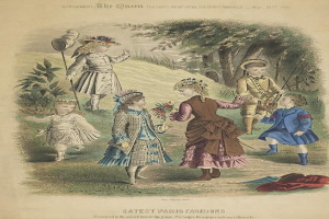 A group of children in 19th-century fashionable clothing standing outdoors with trees and plants, with "Latest Paris Fashions" text at the bottom.