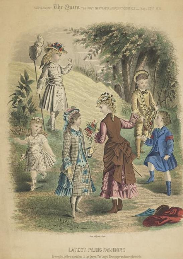 A group of children in 19th-century fashionable clothing standing outdoors with trees and plants, with "Latest Paris Fashions" text at the bottom.