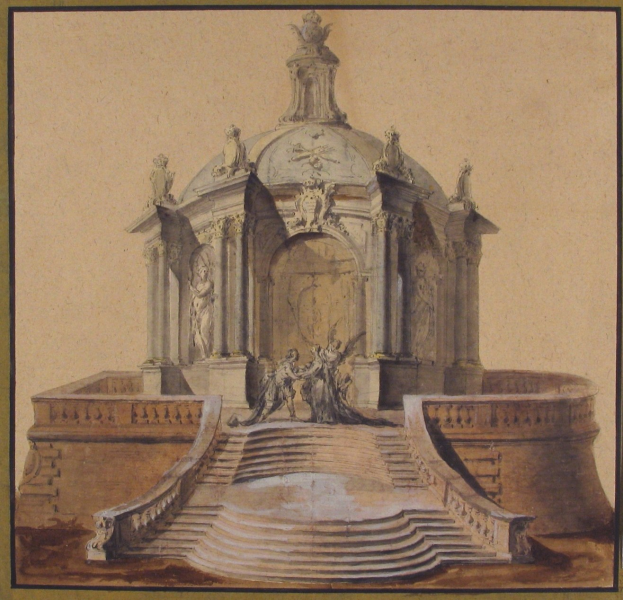 Ein gerahmtes Bild einer klassischen Brunnenzeichnung mit einer Statue darauf, umgeben von Treppen und weiteren Skulpturen.