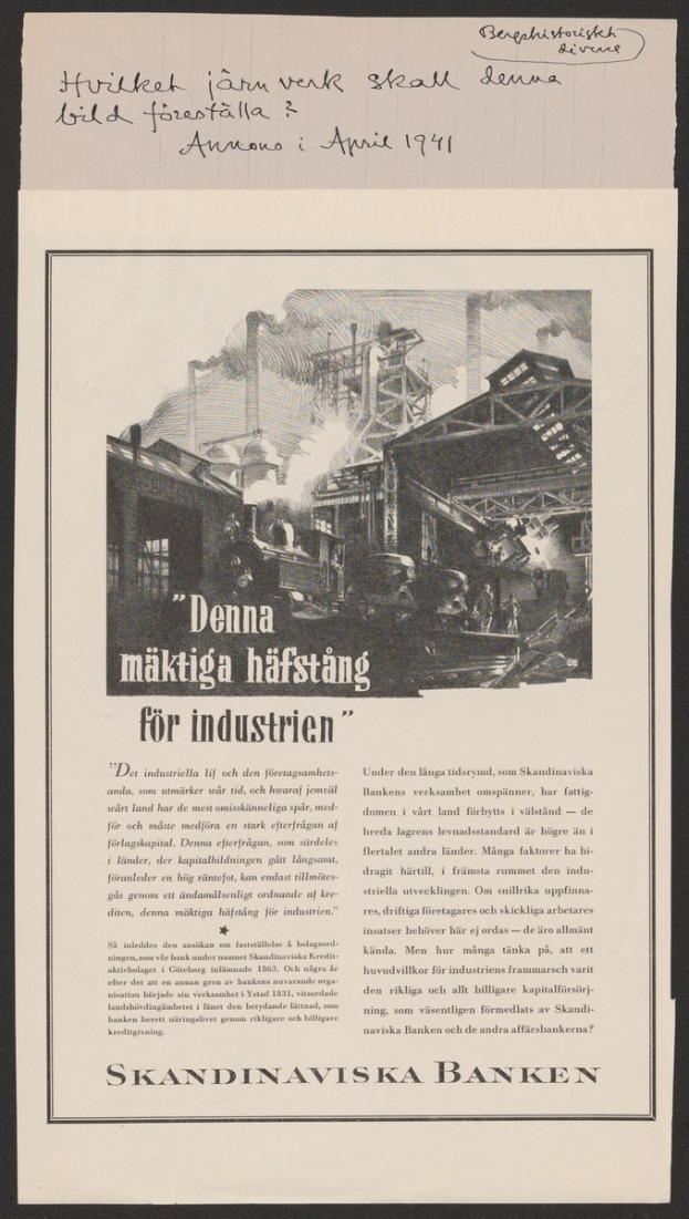 Old advertisement for Skandinaviska Banken featuring a large modern building with a sloping roof and multiple windows, with bold text likely promoting the bank's services.