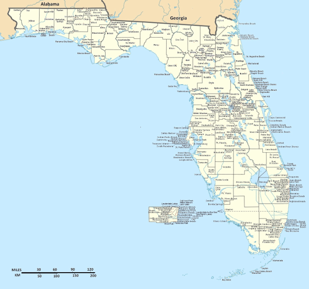 Großes detailliertes politisches Kartenbild von Florida, das Straßen, Städte und geografische Merkmale mit ausführlichem Text und numerischen Daten zeigt.