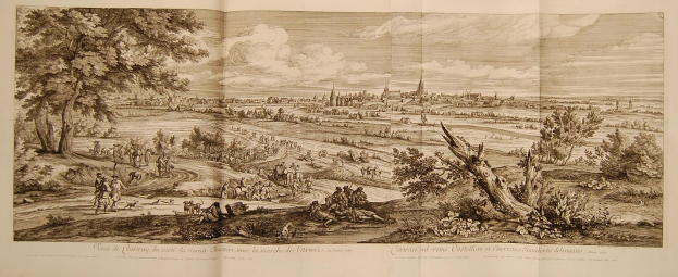 Open book titled "View of the Battle of Castellum and Castellium, from the Illustrated London News" featuring a detailed landscape illustration with people, trees, plants, buildings, and clouds.